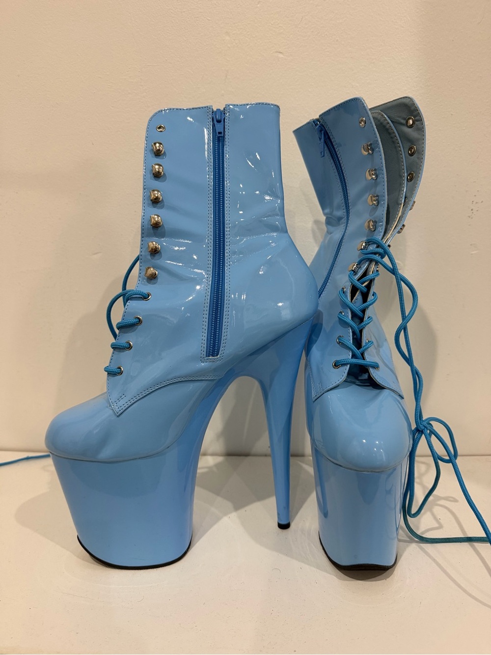 Pleaser Baby Blue Patent Platform Lace-Up Boots